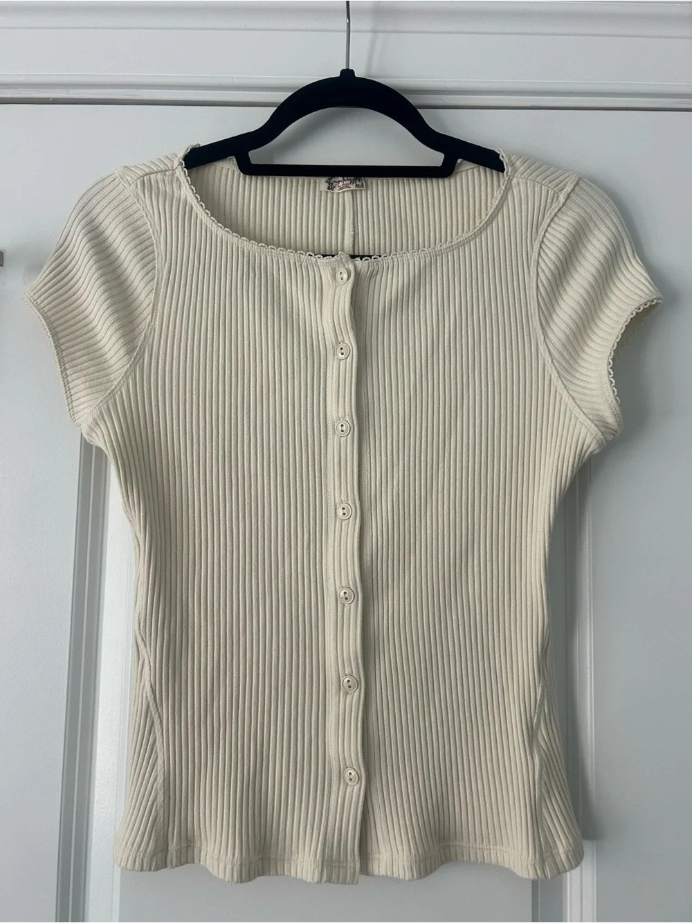 Free People Cream Ribbed Button-Front Women's Top